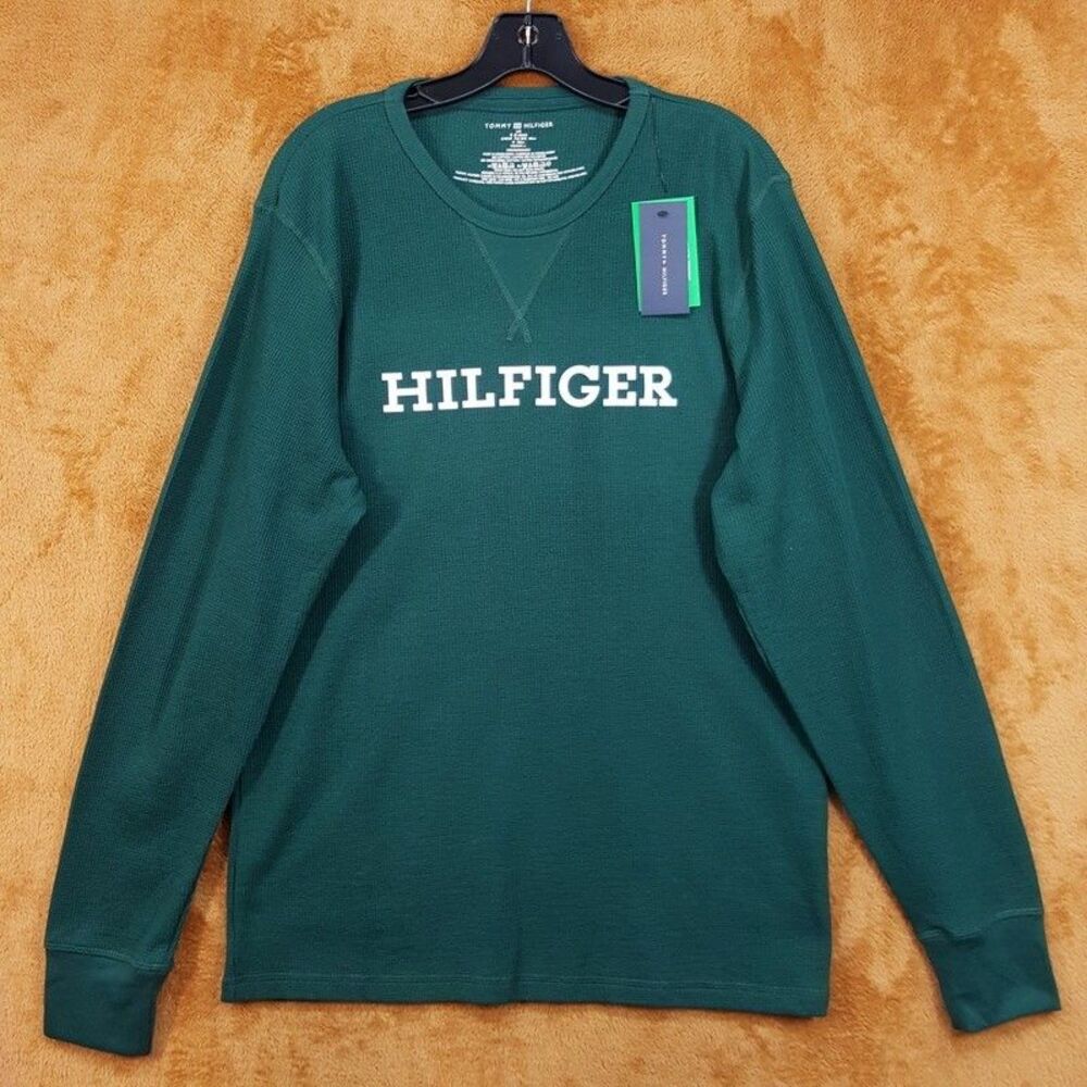 TOMMY HILFIGER Shirt Mens Large Green Pullover Thermal Waffle Knit Casual Logo